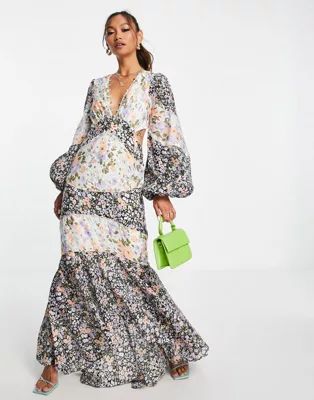 ASOS DESIGN - Lange jurk met lange mouwen, uitsnijding en knoopdetail in multi bloemenprint | ASO... | ASOS (Global)