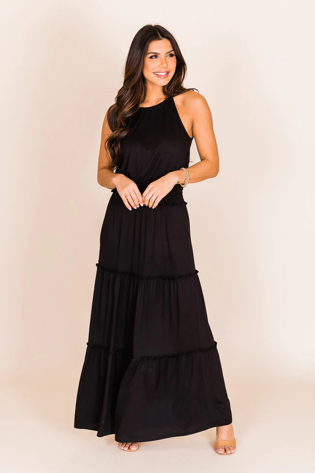 Stay A While Black Halter Neck Maxi Dress | Pink Lily