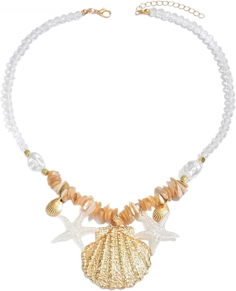 Boho Starfish Necklace Gold Shell Pendant Necklaces Pearl Seashell Choker Ocean Charm Beaded Neck... | Amazon (UK)