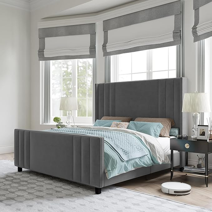 AMERLIFE King Size Bed Frame, Velvet Upholstered Platform with Vertical Channel Tufted Headboard ... | Amazon (US)