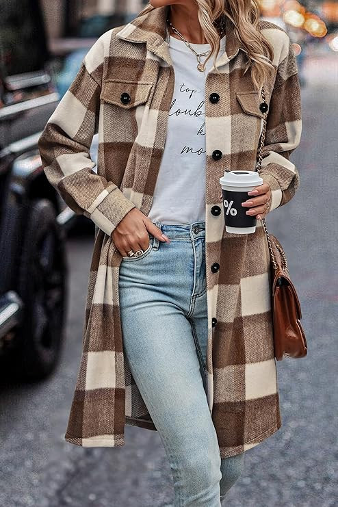 PRETTYGARDEN Women's Plaid Shacket 2023 Long Sleeve Button Up Flannel Shirt Winter Tartan Jacket ... | Amazon (US)