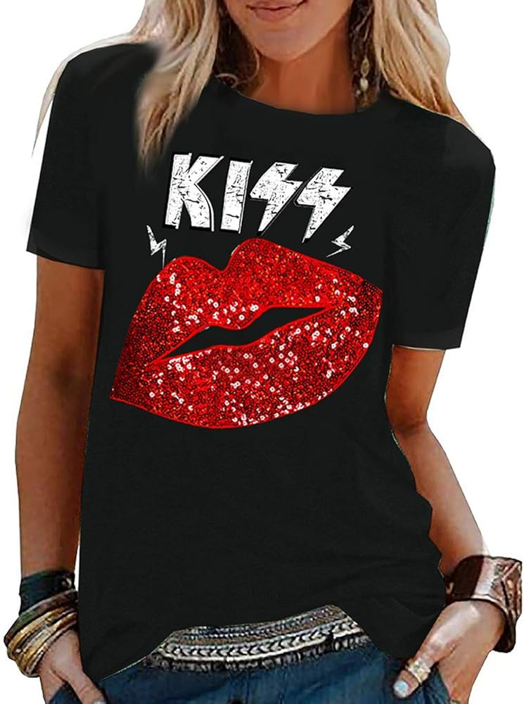 PESION Womens Short Sleeve T-Shirt Sequined Tops O-Neck Funny Graphic Tees Blouse | Amazon (US)