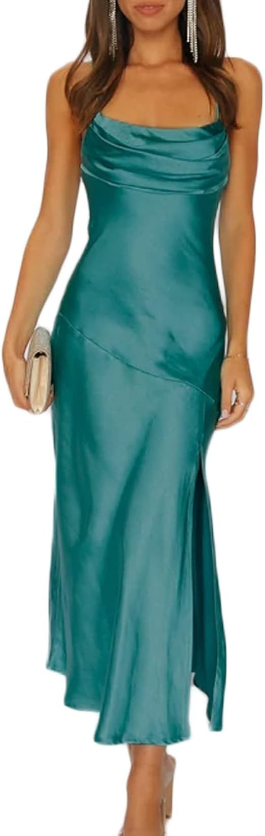 Satin Silk Slip Maxi Dress for Wedding Guest Women- Cowl Neck Pleated Bust Split Wedding Guest Co... | Amazon (US)