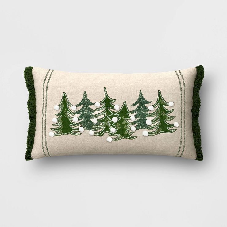 Oversized Christmas Tree Embroidered Applique Lumbar Christmas Throw Pillow Green/Neutral - Thres... | Target