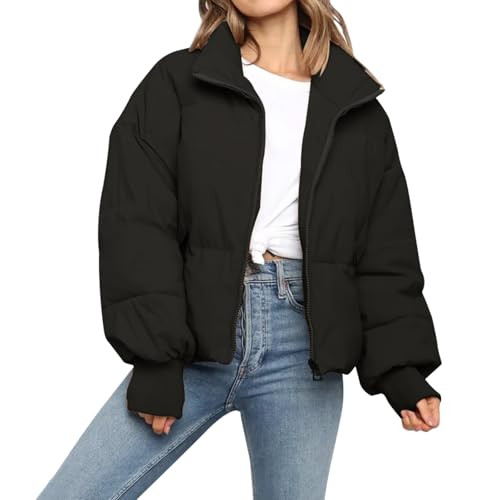 SXGYH Women’s Winter Cropped Puffer Jacket Coat Casual Quilted Baggy Long Sleeve Zip Down Jackets Outerwear (US, Alpha, Medium, Regular, Regular, Black) | Amazon (US)