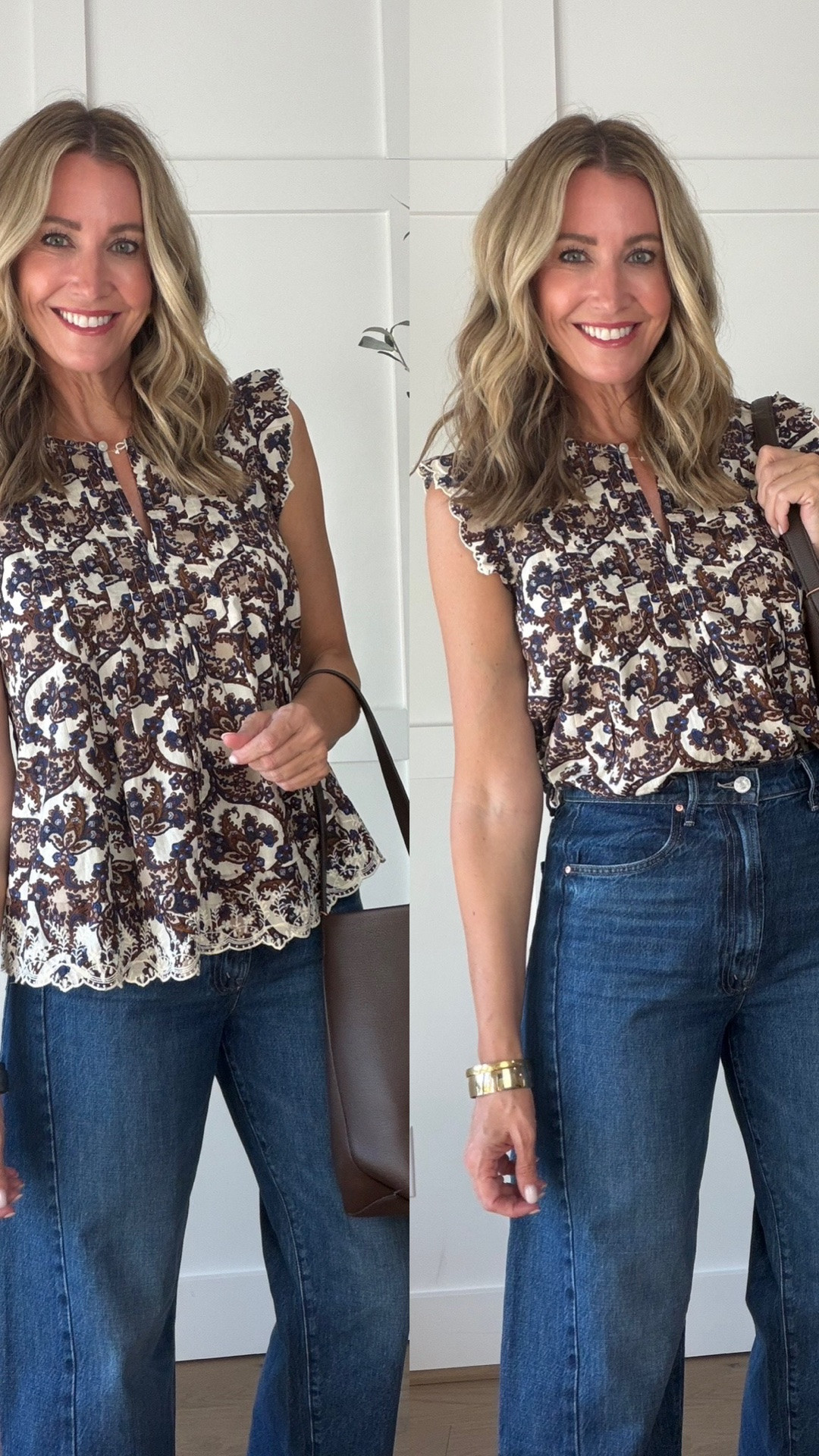 The top is perfect for the summer to fall transition. It looks great untucked, or you can tuck it in and add a belt ￼￼