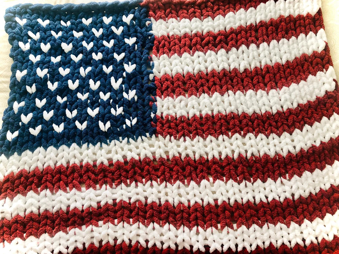 Plush American Flag Throw Blanket Chunky Chenille Vegan, Hypoallergenic, Hand Knitted, Yarn, Patr... | Etsy (US)