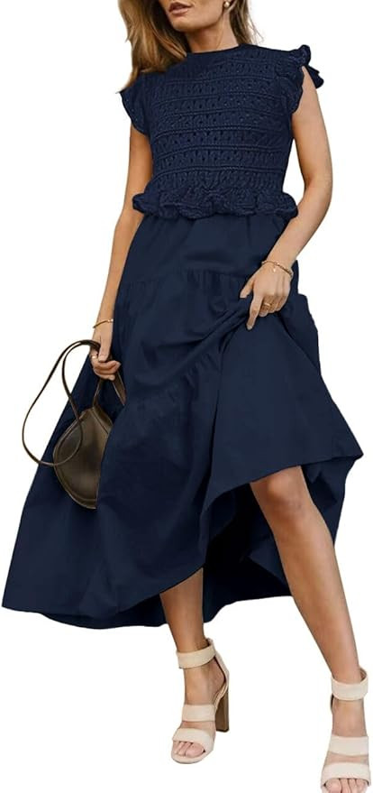 Women’s 2025 Summer Causal Ruffle Sleeve Crochet Knit Tops Long Dress for Ladies Fall Trendy Ti... | Amazon (US)