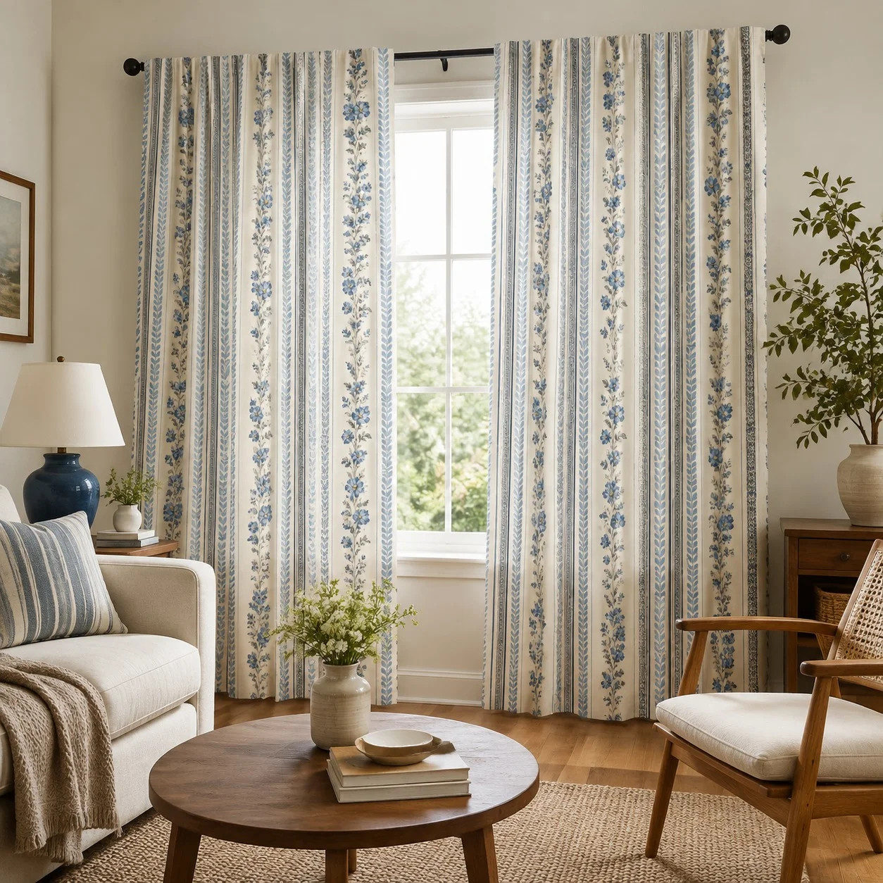 2Pcs Vintage Floral Striped Curtains, French Country Farmhouse Light Filtering for Living Room Bedroom Kitchen Rod Pocket Window Drapes, Home Decor, W | Wayfair North America