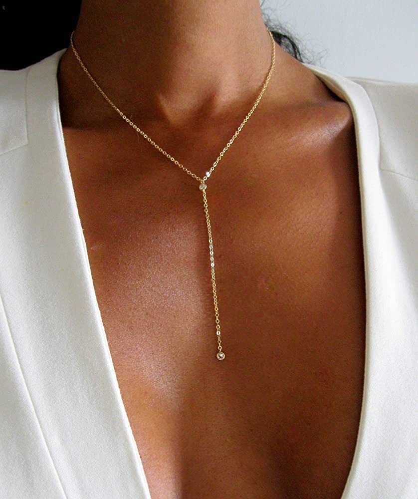 Dainty Drop Lariat Necklace for Women, 16" to 18" adjustable length (Gold, Double CZ Lariat) | Amazon (US)