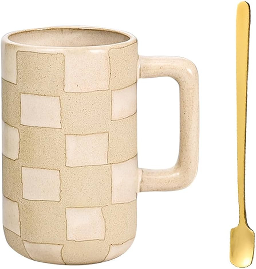 Handmade Checkered Cups Diner Coffee Mugs Ceramic Tea Cup With Spoons Gift for Women Men Checkerb... | Amazon (US)