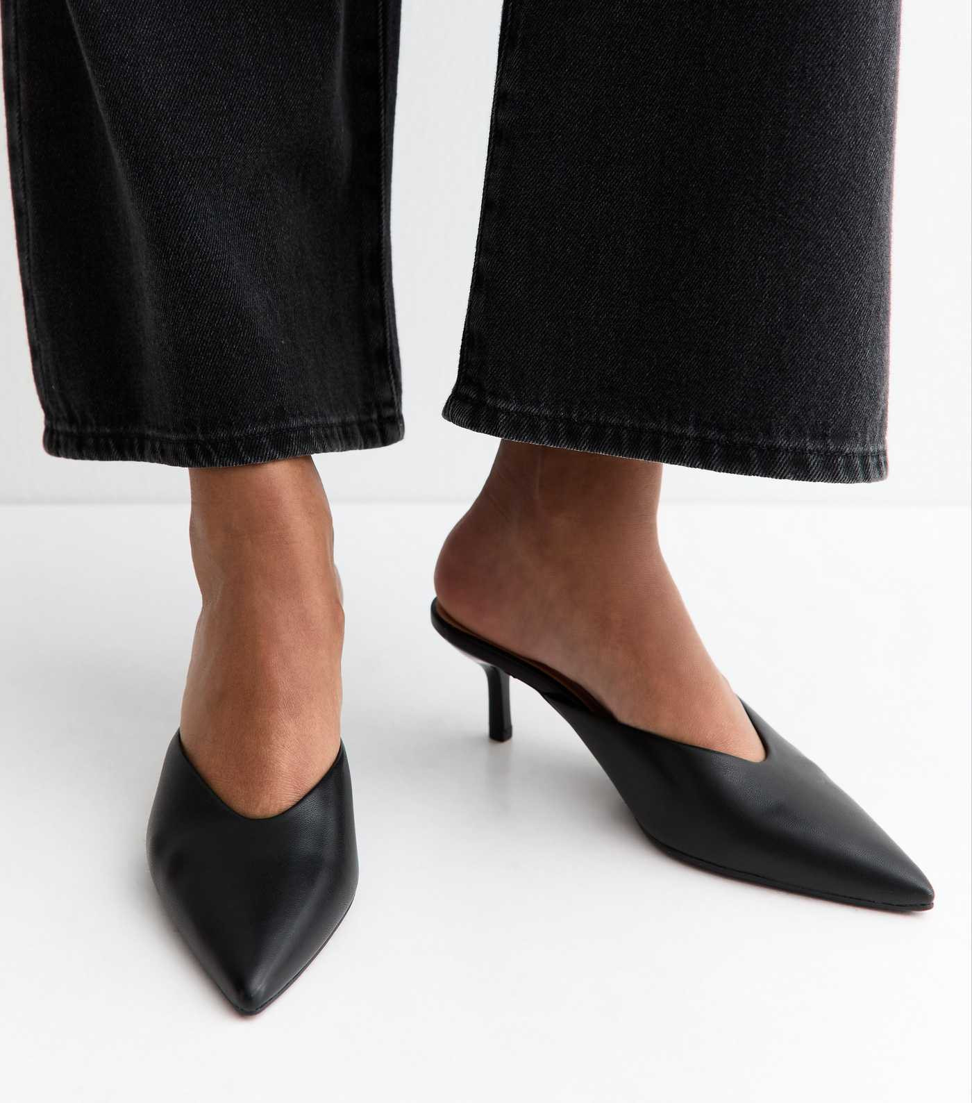 Black Faux Leather V-Cut Mules | New Look | New Look (UK)