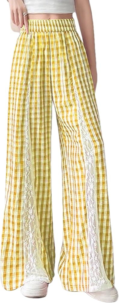 Womens Plaid Wide Leg Pants Lace Patchwork Gingham Pants High Waist Palazzo Lounge Trousers with ... | Amazon (US)