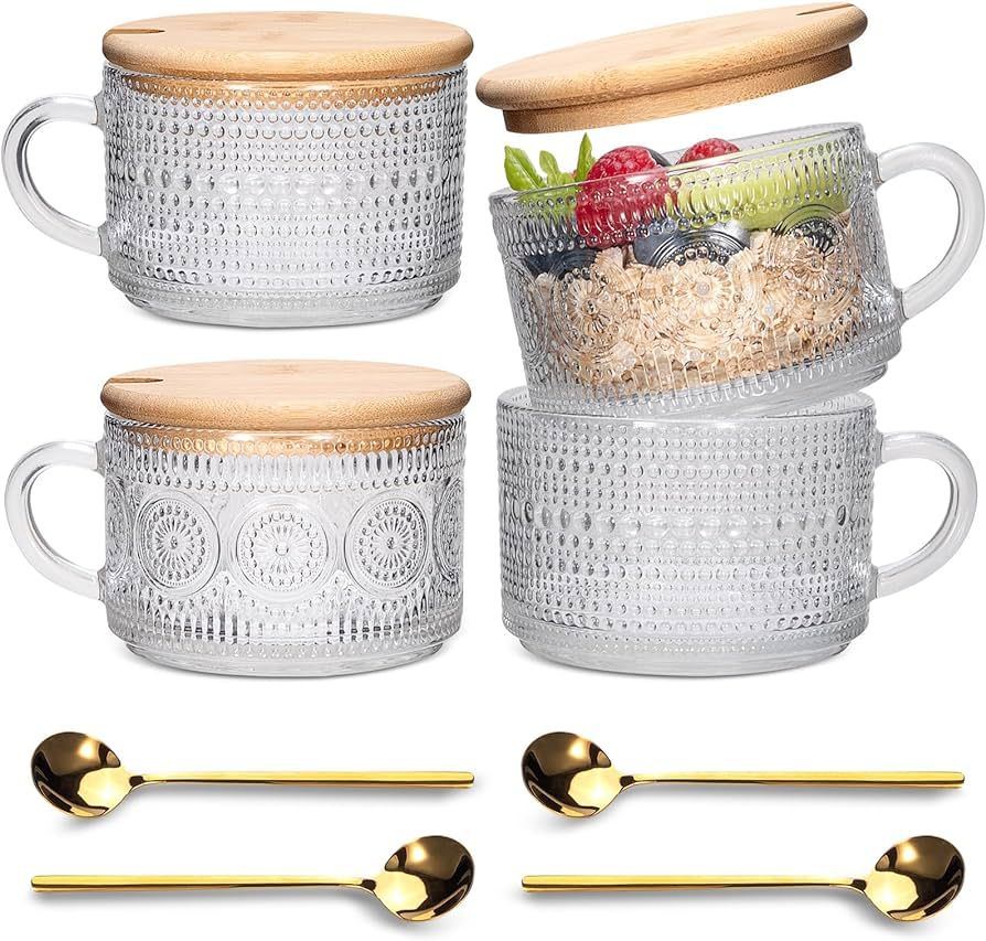 Vintage Coffee Mugs 4pcs Set, Clear Embossed Tea Cups with Bamboo Lids and Spoons, 14 Oz Glass Co... | Amazon (US)