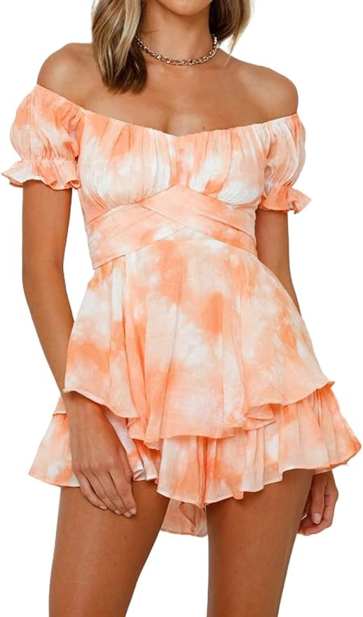 Fixmatti Women Boho Romper Off Shoulder Ruffle Chiffon Shorts Jumpsuit Playsuits | Amazon (US)