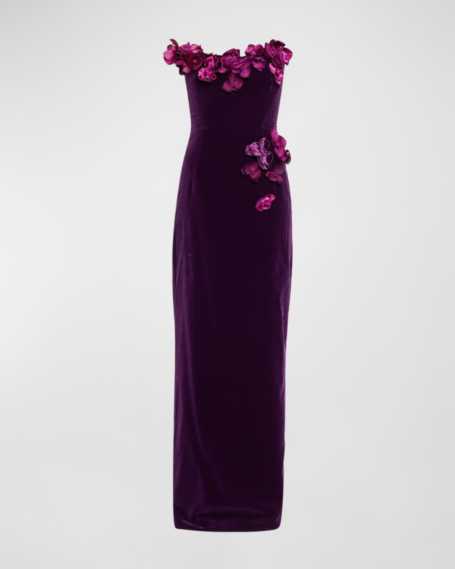 Oscar de la Renta Strapless Satin Orchid Velvet Gown | Neiman Marcus