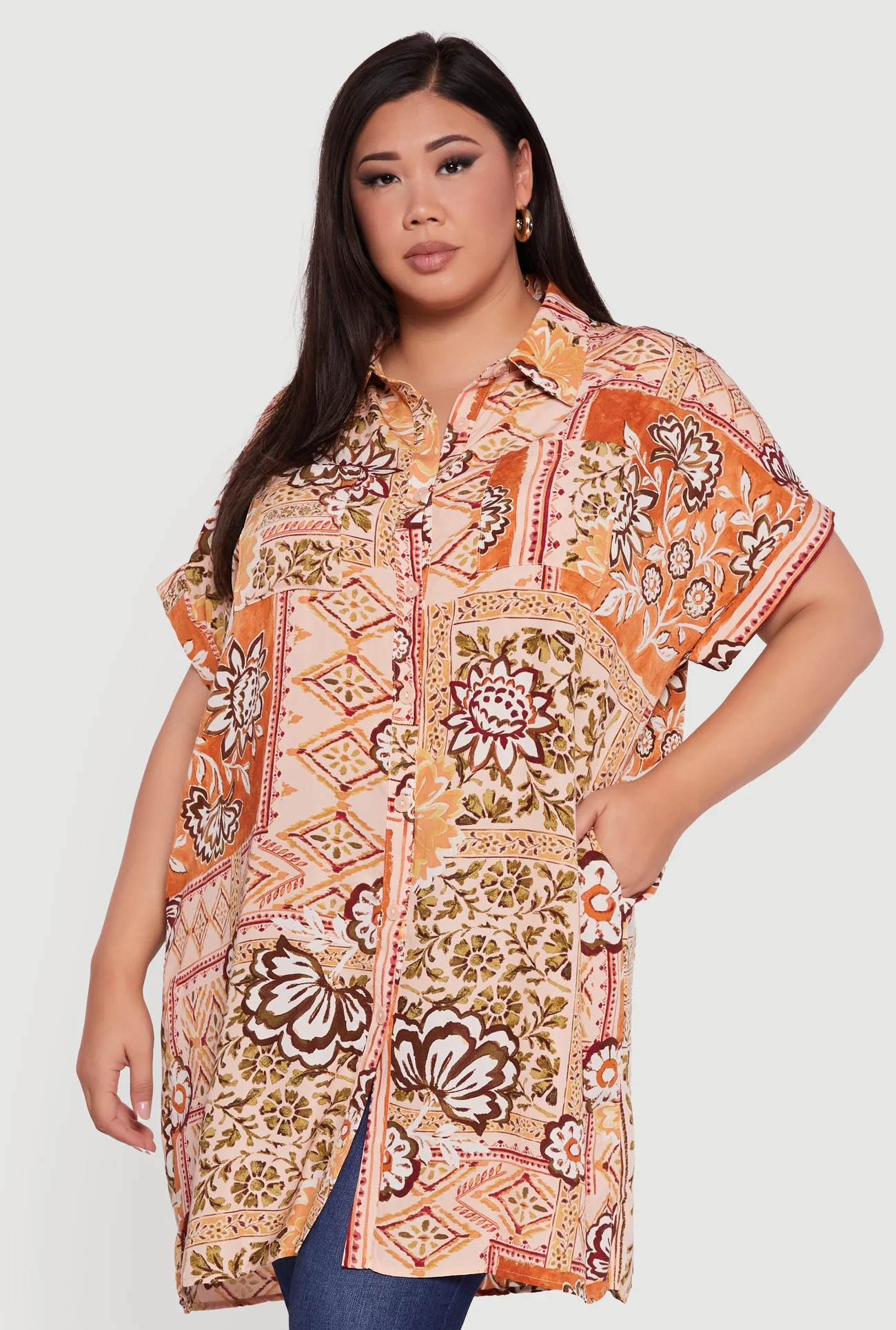 Plus Size Patterned Button Front Tunic Shirt | Rainbow Shops
