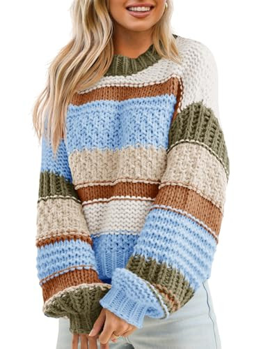 Saodimallsu Womens Color Block Sweater Striped Chunky Knit Cropped Sweaters Crewneck Fall Long Sleeve Loose Pullover Tops Blue | Amazon (US)