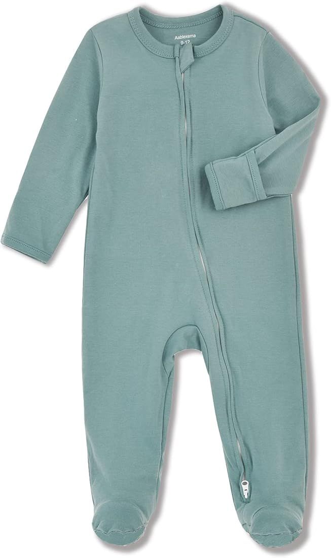Aablexema Baby Footie Pajamas with Mitten Cuffs - Unisex Newborn Infant 2 Ways Zipper Cotton Footed  | Amazon (US)