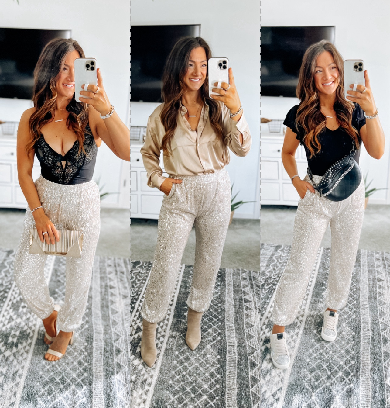 NYE outfit inspo! Sequin pants are always a yes for me! Shapewear runs small, consider sizing up depending on hips/bust size. Walmart blouse on sale and under $16!! Ruffle sleeve top also on sale! Shoes tts 

#LTKstyletip #LTKHoliday #LTKsalealert