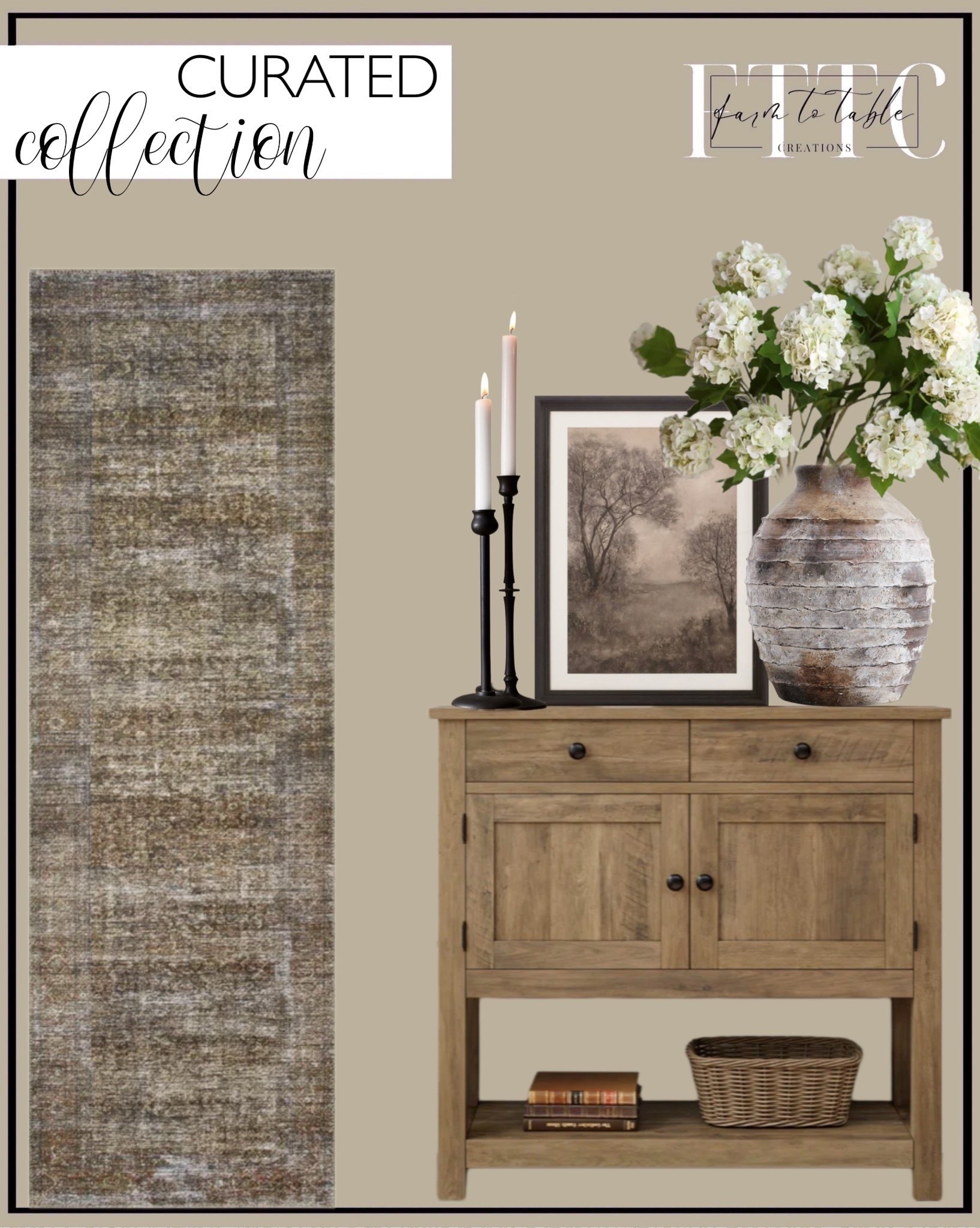 Curated Entryway. Follow @farmtotablecreations on Instagram for more inspiration.

Garmon 35.4'' Console Table with Drawers and Cabinet. 25" Faux Snowball Flower in Cream/Green, Real Touch Flowers, Faux Botanicals. Artisan Handcrafted Terracotta Vases. Amber Lewis Loloi Tobacco Rust Rug. Booker Taper Candleholders My Texas House Sepia Treescape Framed Art 18" x 24"  


#LTKFindsUnder50 #LTKSaleAlert #LTKHome