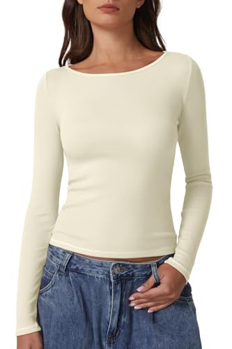 QINSEN Womens Boat Neck Long Sleeve Ribbed Knit Shirt Basic Tight Fitted Going Out Y2k Tee Tops Beige White S | Amazon (US)