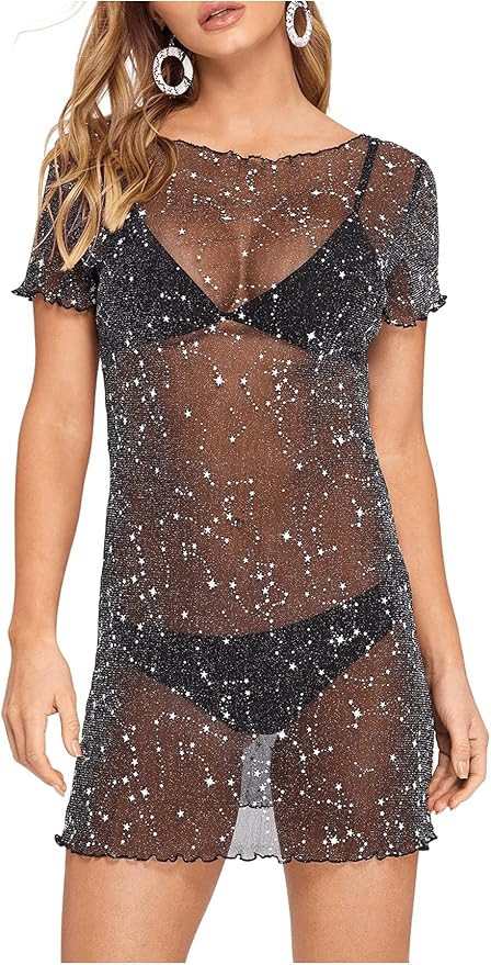 Floerns Women's Sheer Mesh See Through Glitter Swimsuit Cover Up | Amazon (US)