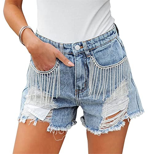 LifeShe Women's Summer Ripped Washed Distressed Tassel Denim Shorts Bling Rhinestone Jeans Shorts | Amazon (US)