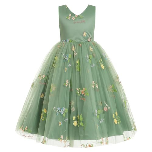 Girls Floral Embroidery Dress, Children Vintage Fairy Summer Princess Tulle Birthday Graduation Party Formal Gown Pageant Wedding Guest Homcoming Sundress for Kids Sage Green 6-7 Years | Amazon (US)