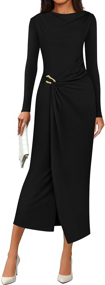 PRETTYGARDEN Women's Fall Wedding Guest Cocktail Midi Dresses Elegant Long Sleeve Bodycon Ruched ... | Amazon (US)