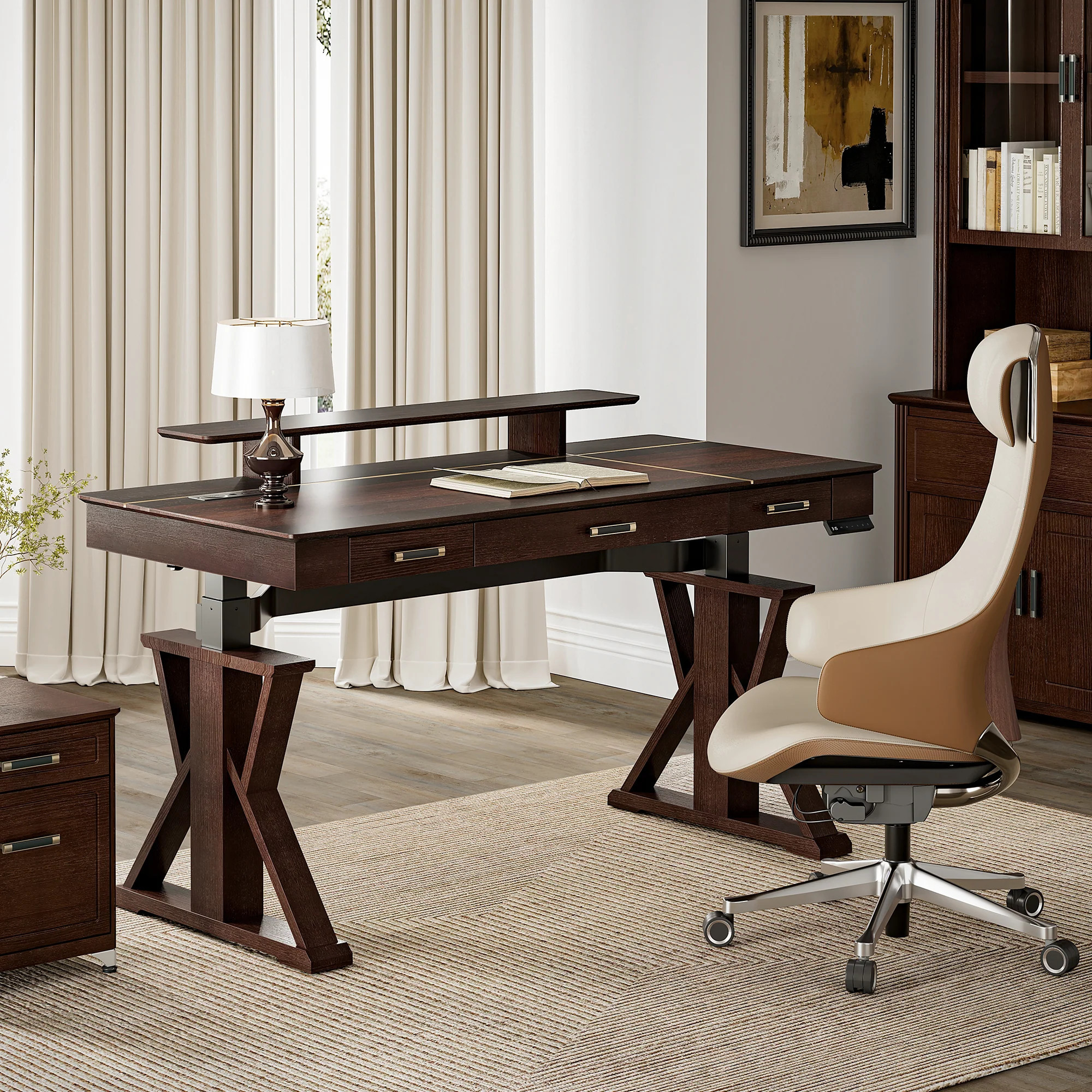 Executive Office Set: Ark SWS Pro Standing Desk & Executive Office Chair - with Brass Strips | Eureka Ergonomic