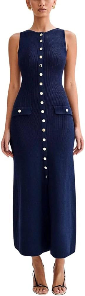 ELFTOWN Women's Summer Sleeveless Single Breasted Knit Maxi Dress Slit Crew Neck Long Sweater Bod... | Amazon (US)
