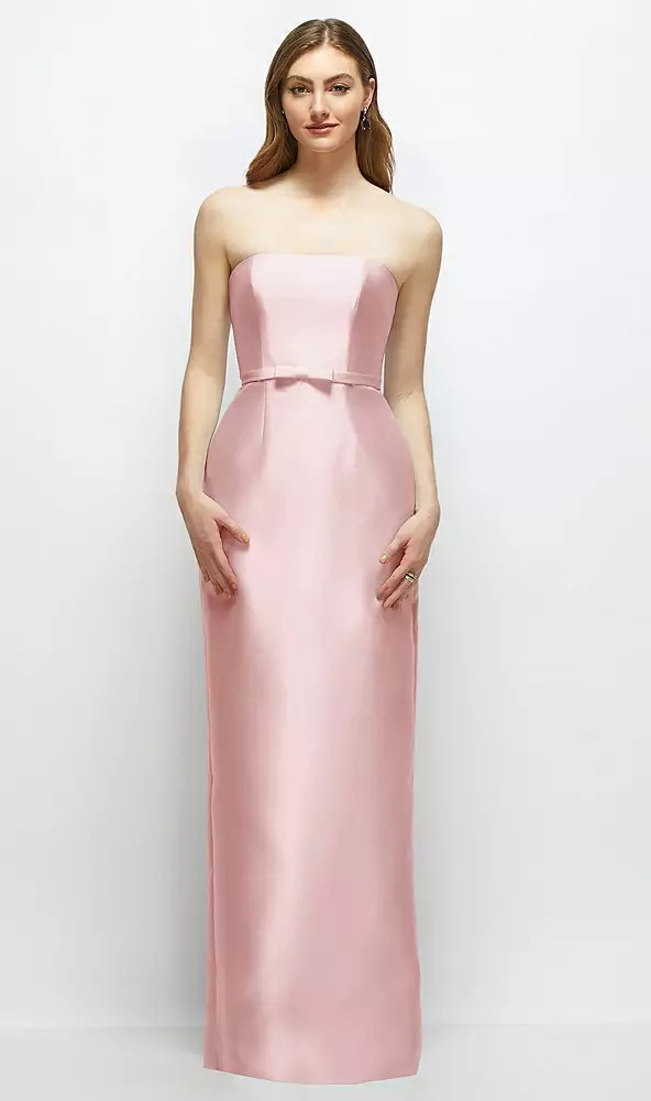 Strapless Satin Column Dress with Bow-Trimmed Skinny Belt in Ballet Pink | Dessy Group