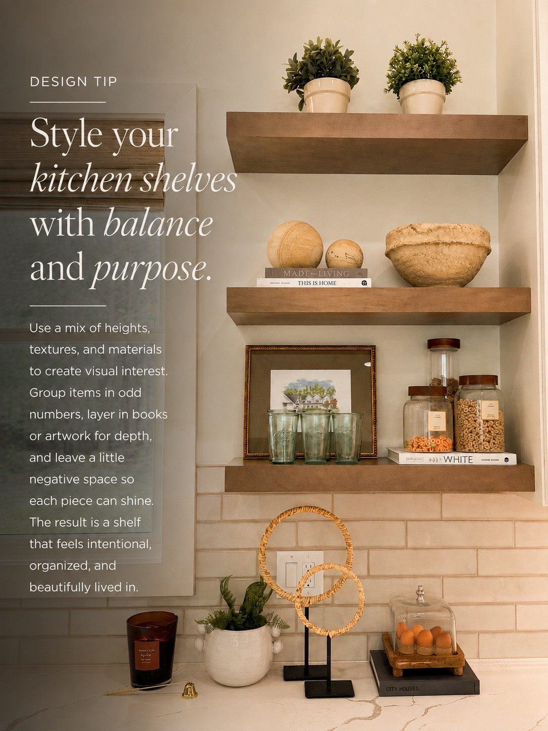 Kitchen shelves are the perfect place to mix function with personality 🤎 Layer books, artwork, greenery, glassware, and collected accents in varying heights and textures to create a look that feels balanced, intentional, and beautifully lived in.

#porcheandco #KitchenStyling #KitchenShelves #ShelfStyling #HomeDecor

#LTKHome #LTKvlog