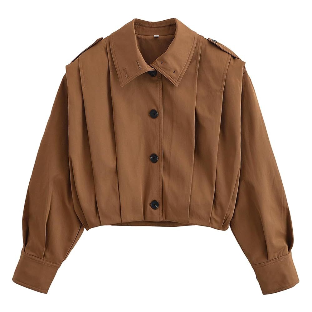 Women's Cropped Pleated Jacket Long Sleeve Collared Button Down Casual Short Trench Coat Spring F... | Amazon (US)