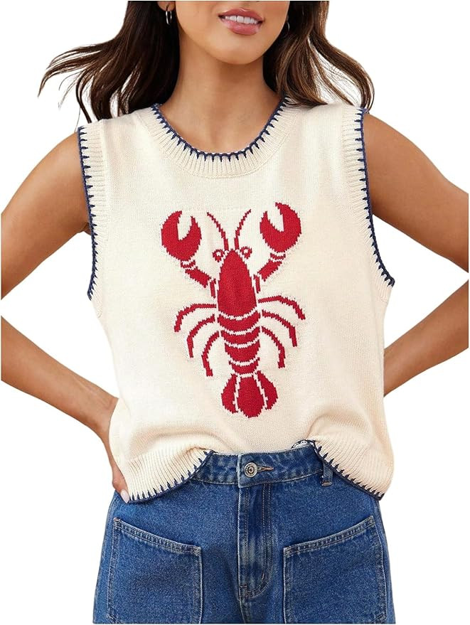 Verdusa Women's Lobster Crochet Tops Sweater Vest Summer Sleeveless Knit Tops Funny Shirts | Amazon (US)