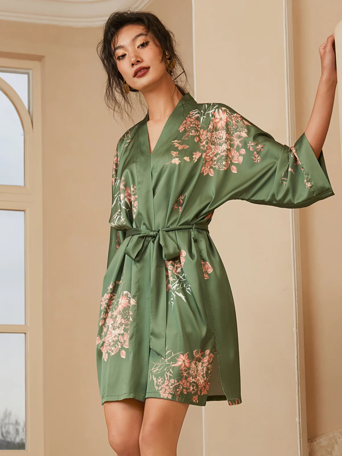 Short Kimono Robe Olive | ulivary