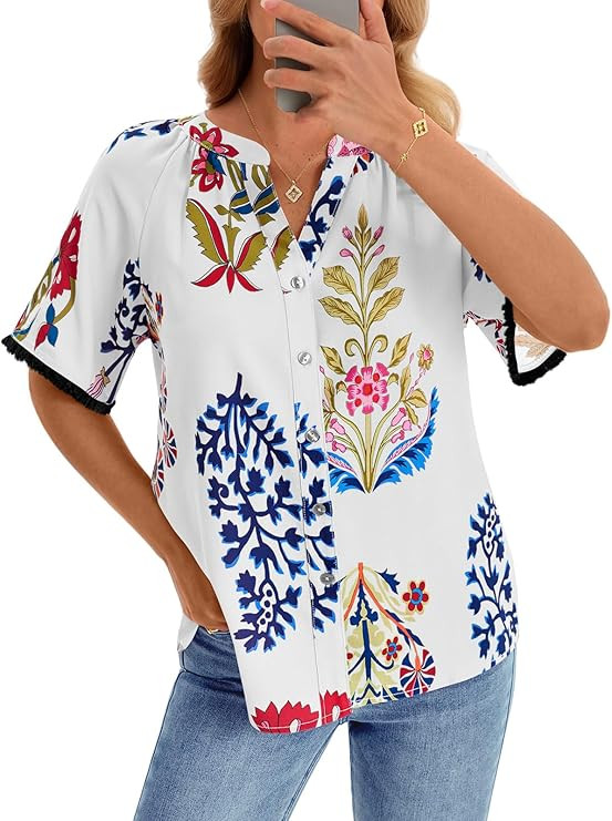 Yousify Womens Floral Button Down Shirts Short Sleeve V Neck Dressy Casual Blouses Summer Loose F... | Amazon (US)