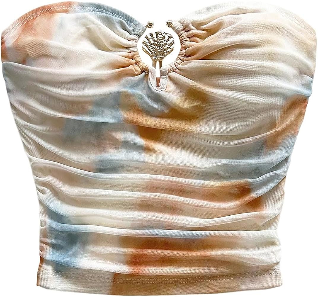 SOLY HUX Women's Tie Dye Crop Tube Top Ruched Strapless Fitted Boho Vacation Vest Tank Shirts | Amazon (US)