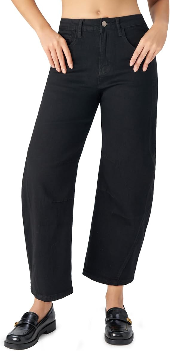 roswear Women's Barrel Jeans High Waisted Stretchy Wide Leg Cropped Boyfriend Denim Jeans | Amazon (US)