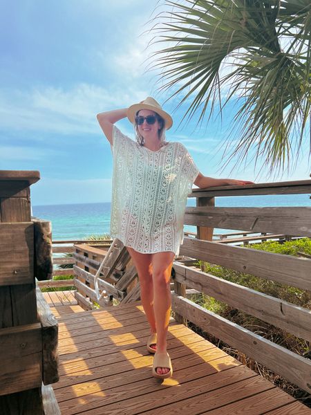 Beach day outfit! Crochet beach coverup with straw Panama hat and nude cloud slides. 

#LTKunder50 #LTKSeasonal #LTKswim