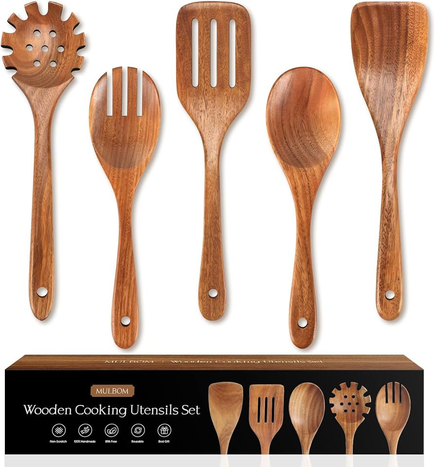 5 PCS Wooden Spoons for Cooking Natural Teak Kitchen Utensils Smooth Non-Stick Surface Mother's D... | Amazon (US)