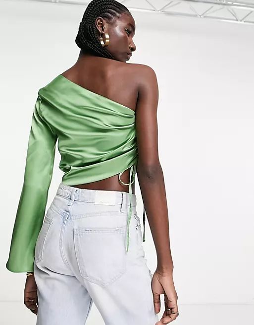 ASOS DESIGN one shoulder long sleeve top with ruched side in green satin | ASOS | ASOS (Global)