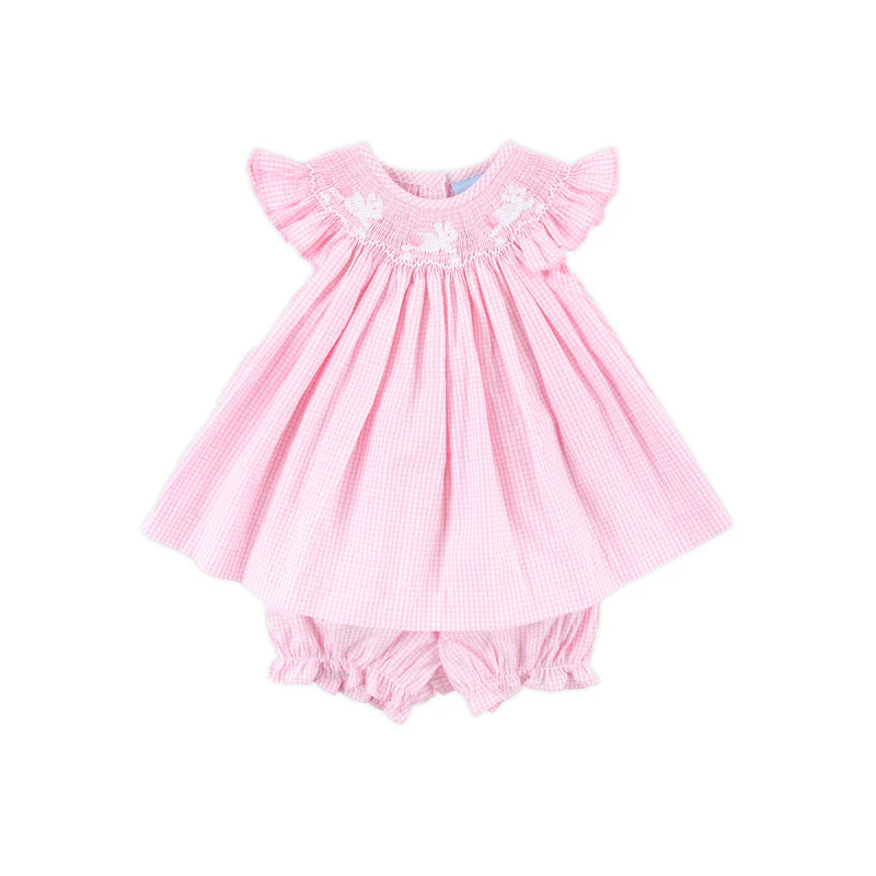 Bunnies Smocked Pink Gingham Angel Sleeve Bloomer Set | Classic Whimsy