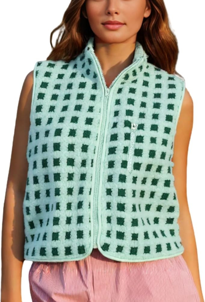 PUWEI Women's Checkered Sherpa Vest Sleeveless Zip Up Fleece Top Crochet Plaid Sherpa Collared Ve... | Amazon (US)