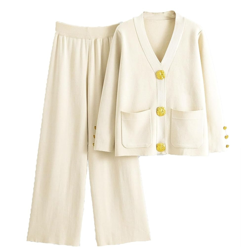 JASCLS Women's Two Piece Outfits Long Sleeve V Neck Sweater Cardigan Tops Wide Leg Pants Lounge S... | Amazon (US)