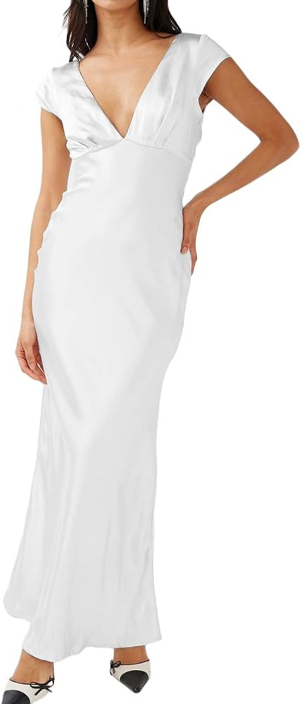 Halfisland Womens Summer Satin V Neck Cap Sleeve Backless Maxi Dress Elegant Twist Cut Out Midi D... | Amazon (US)