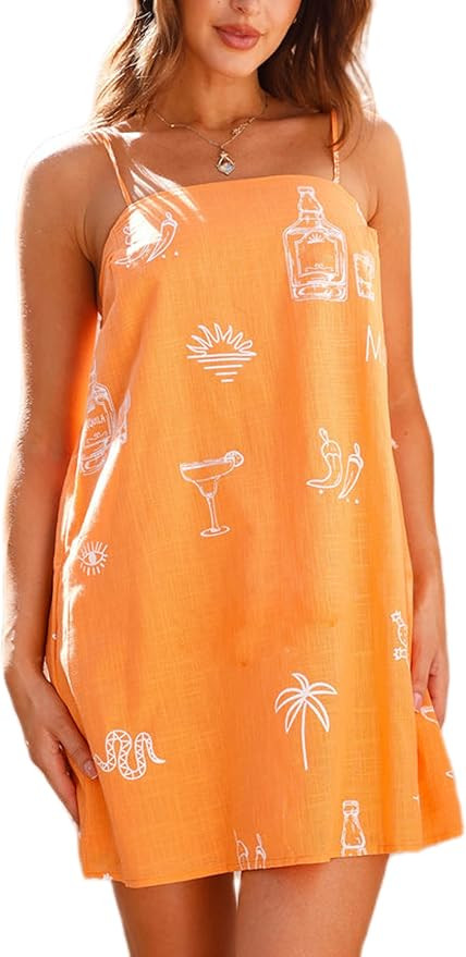 NUFIWI Women Boho Graffiti Cami Mini Dress Spaghetti Strap Printed A Line Short Dress Backless Cu... | Amazon (US)