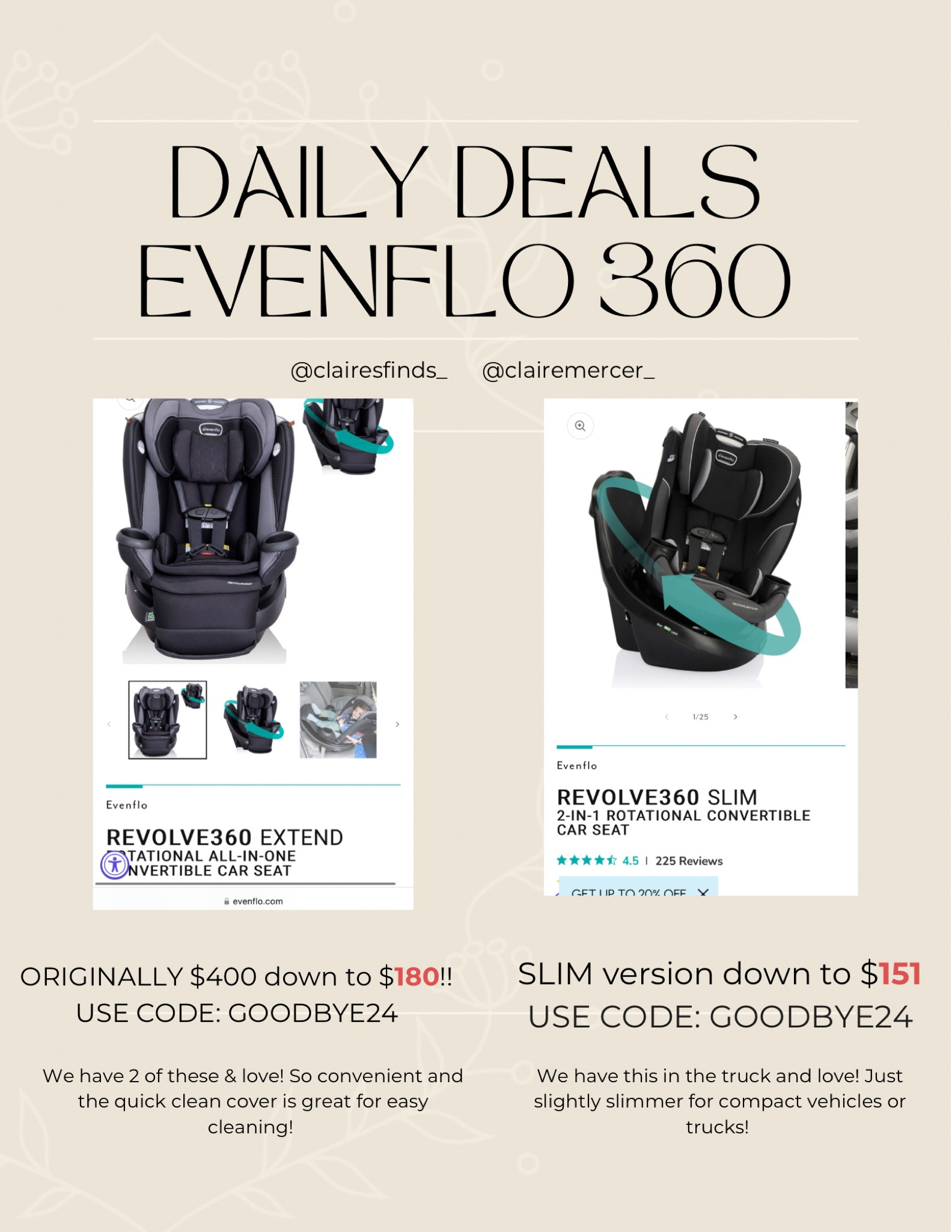 MAJOR EVENFLO DEAL! We love our Evenflo 360 revolves with the quick clean cover!! Have in both regular and slim!! #baby #newborn #babymusthave #car seat #babyboy #toddler #bestcarseat #evenflo @evenflo #babyregistry #babyessentials #mom #mommusthave #momlife #toddlermom #firsttimemom 

#LTKFindsUnder50 #LTKBaby #LTKSaleAlert