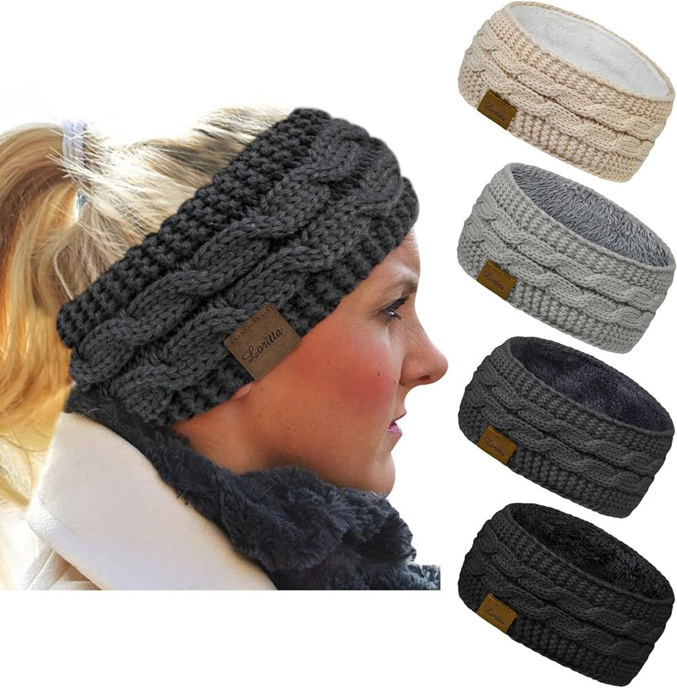 Loritta 4 Pack Womens Winter Headbands Fuzzy Fleece Lined Ear Warmer Cable Knit Thick Warm Croche... | Amazon (US)